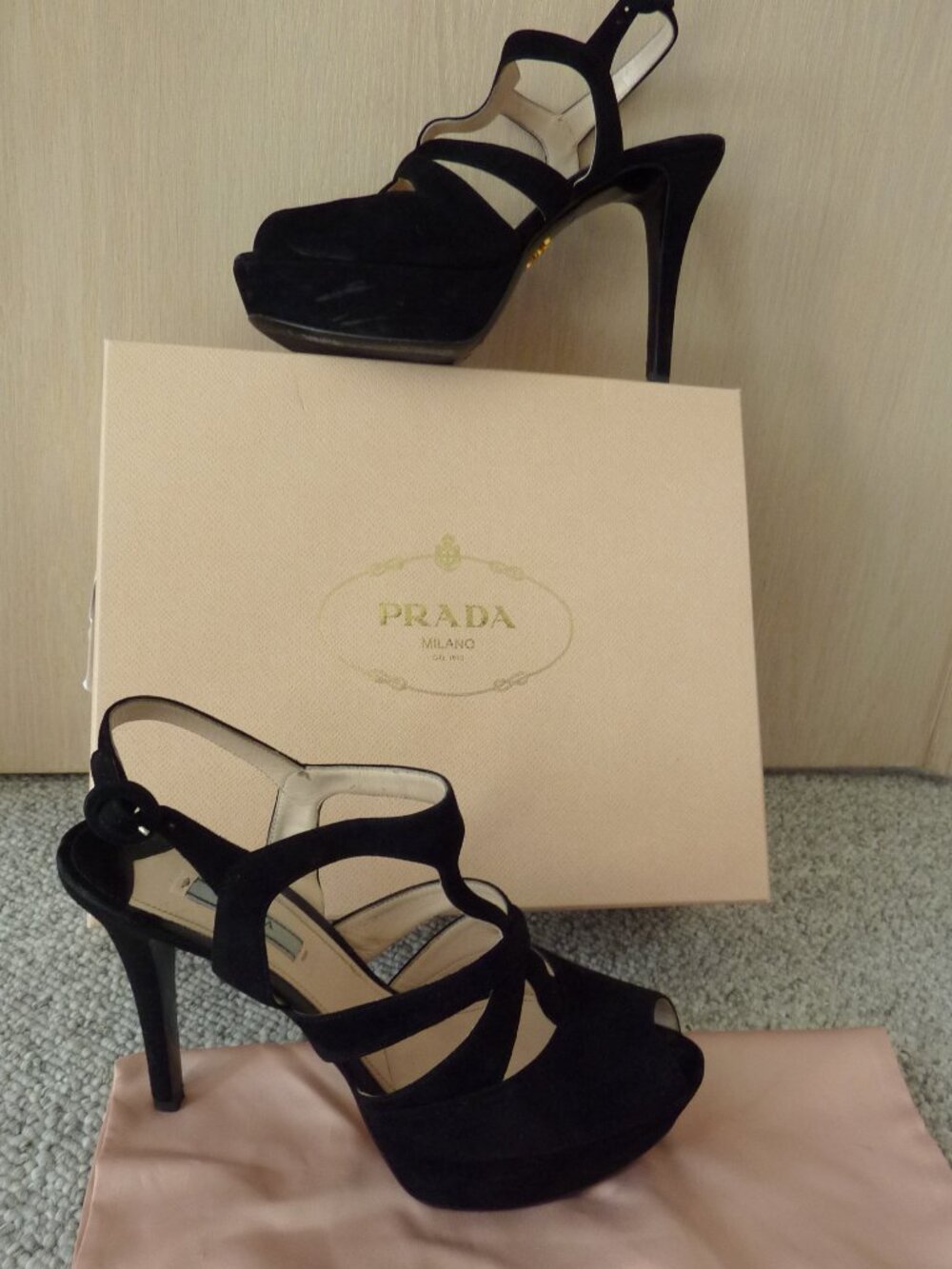 $890 PRADA Milano CAMOSCIO Black Platform Suede Caged Peep toe Sandals Shoes 41